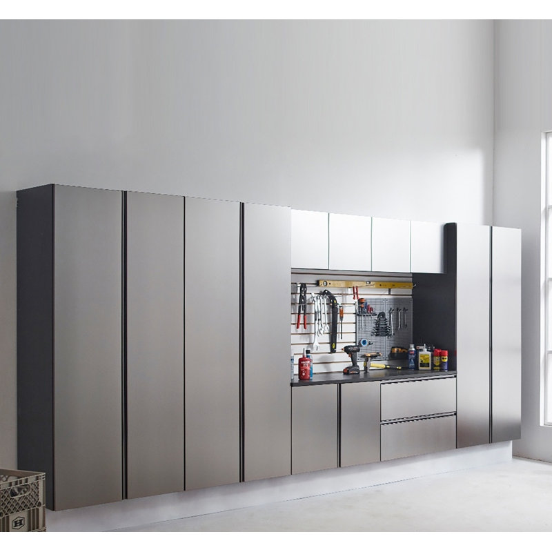 Space-Saving Nova Series Garage Cabinet - Wall Mounted, Metallic Gray Finish with Wood Base, Sturdy Storage for Garage Tools & Workshop Supplies