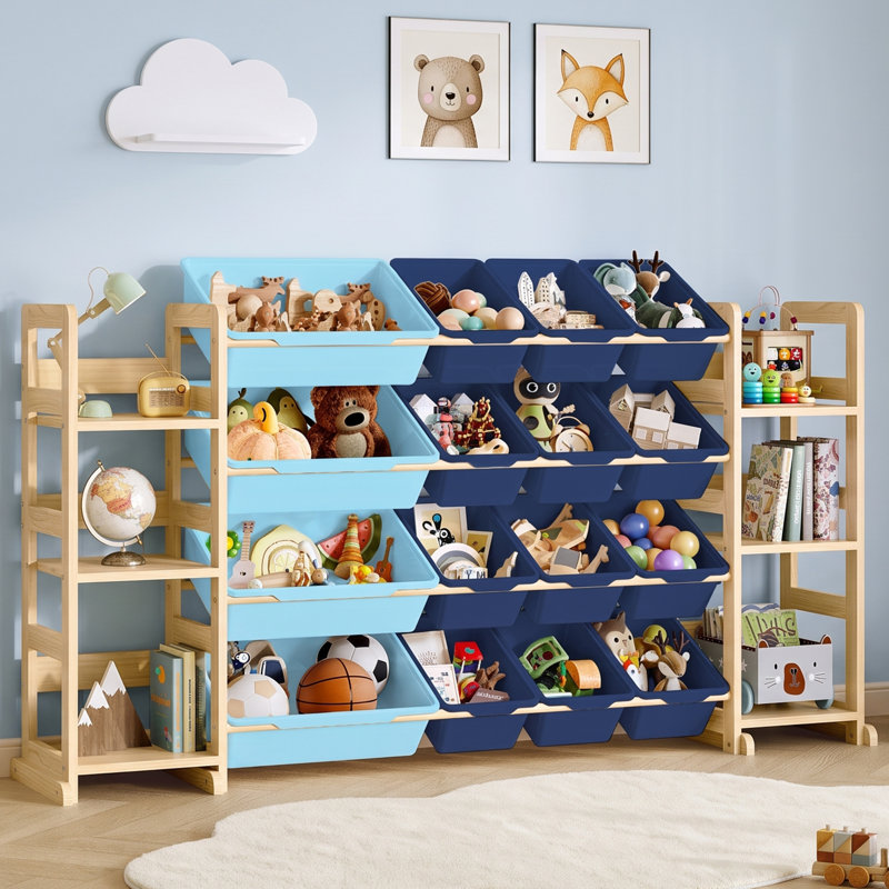 Organisateur de rangement de jouets - Organisateurs de jouets et rangement avec bibliothèque, étagère de rangement pour jouets avec 4 tablettes et 16 bacs de rangement, bibliothèque pour enfants et rangement pour jouets pour chambre d'enfant, salle de jeux, chambre de bébé