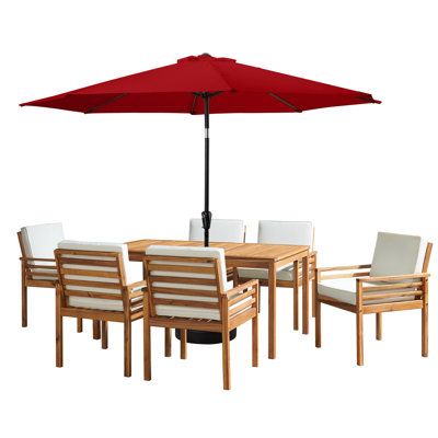 Arjay 8 Pc Patio Dining Set Wood One 63" Table Chairs With Cushions And 1 10-Foot Tilt Umbrella
