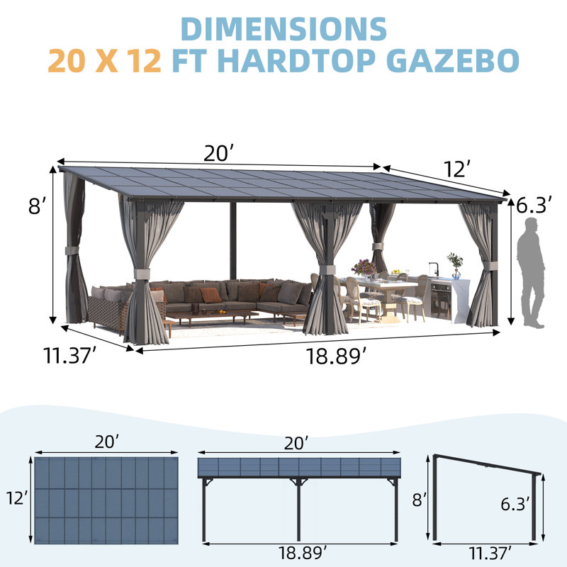 Lean-To Wall-Mounted Pergolas With Curtains And Netting, 96" H x 240" W x 144" D