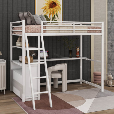 Twin Size Metal&Wood Loft Bed With Desk And Shelves, Two Built-In Drawers -  Mason & Marbles, D8D359AFA02340A29B5CE6244BA68D3C