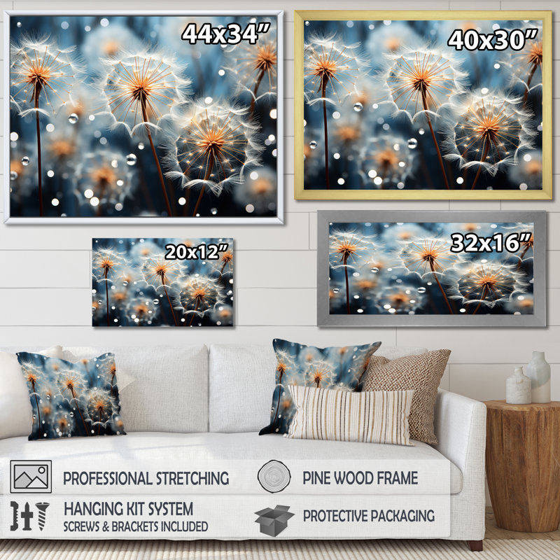 " White Teal Dandelion Symphony III ", Cadre simple noir, H 30 po x l 40 po x P 1,5 po