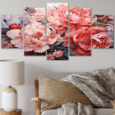 Motif floral rose et rouge I - impression d'art mural moderne - 5 panneaux