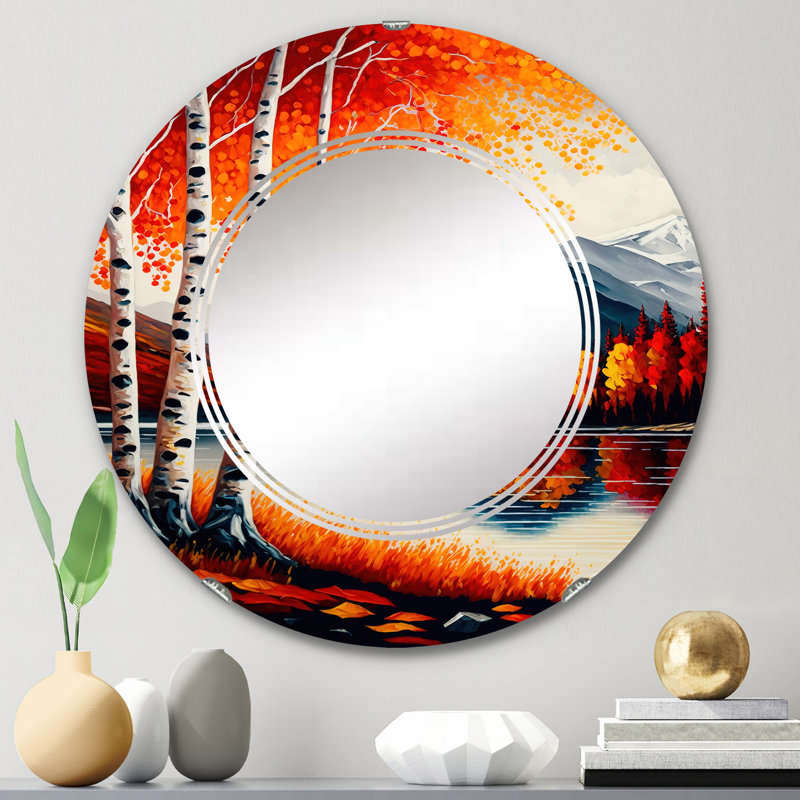Bouleaux rouges et oranges au bord du lac VI - miroir mural paysage montagnes lacustres, 24 po x 24 po