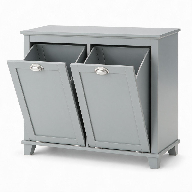 Armoire de rangement autoportante pour buanderie, salles de bain, buanderies et garde-robes, avec double compartiment avant inclinable et portes à panneaux.