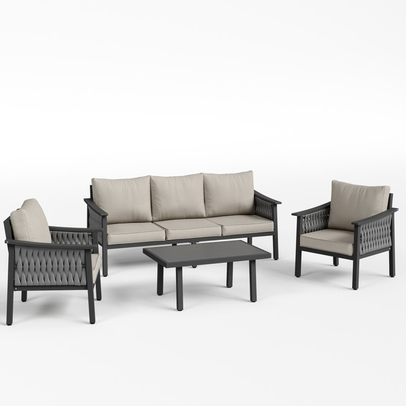 5-Person Outdoor Patio Furniture Set – Aluminum Frame, Handwoven All-Weather Rope, 5-Inch Cushions, Outdoor Conversation Set