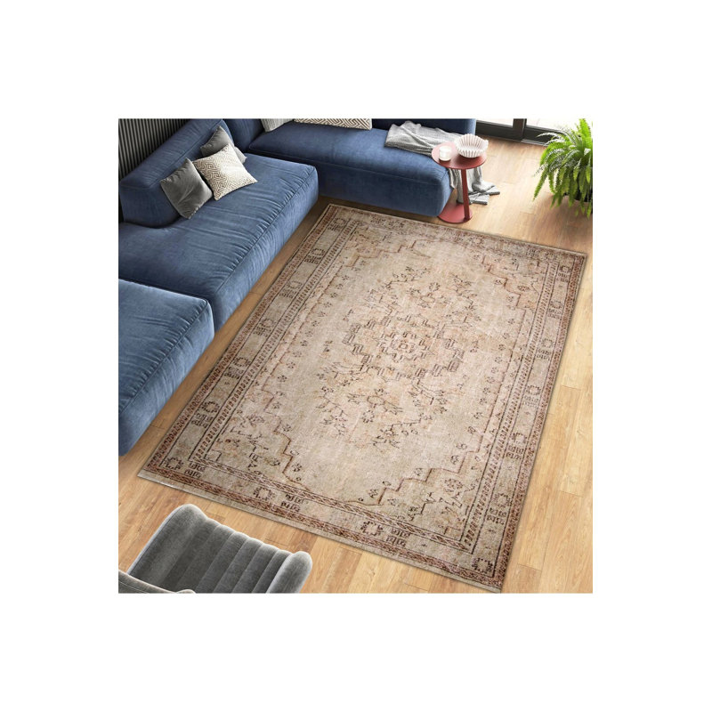 Tapis beige délavé à motif tissé délavé à la base, Tapis de couloir 2 pi 6 po x 6 pi 7 po
