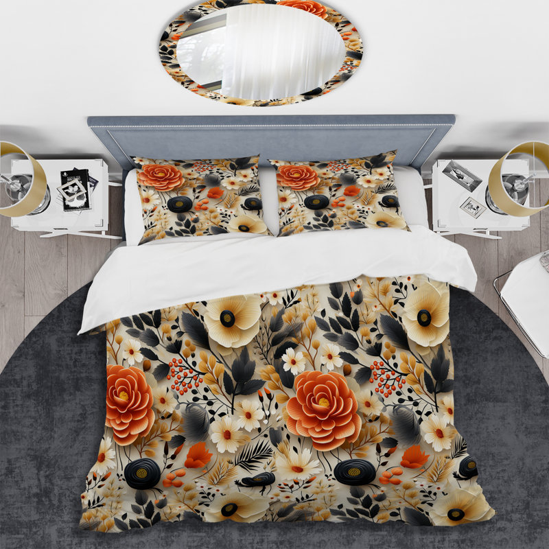Black & Beige Boho Chic Floral Pattern - Ensemble de housse de couette à motif floral