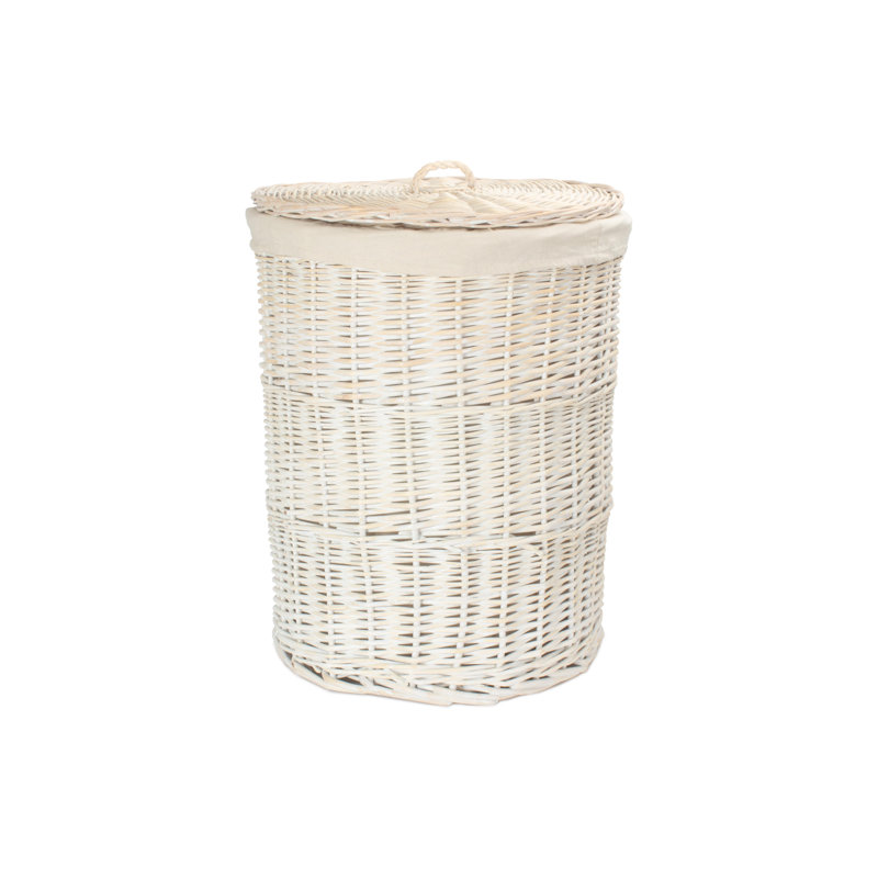 Wicker Round Laundry Hamper Basket with Lining, White Wash/White, 60" H x 46" W x 46" D