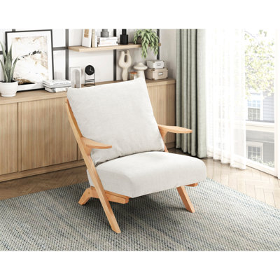 Fauteuil d'appoint moderne en chenille beige de style Mid-Century, structure en bois d'hévéa massif, siège en mousse, dossier réversible, convient à un espace de vie de style chaise principale, structure en finition naturelle, chenille tissée,