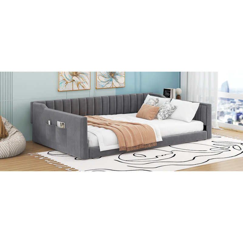 Full Xl Sized Velvet Daybed In Gray With Side Pocket - Versatile For Different Occasions No Box Spring Easy Assembly Storage Ideal Daily Comfort Process