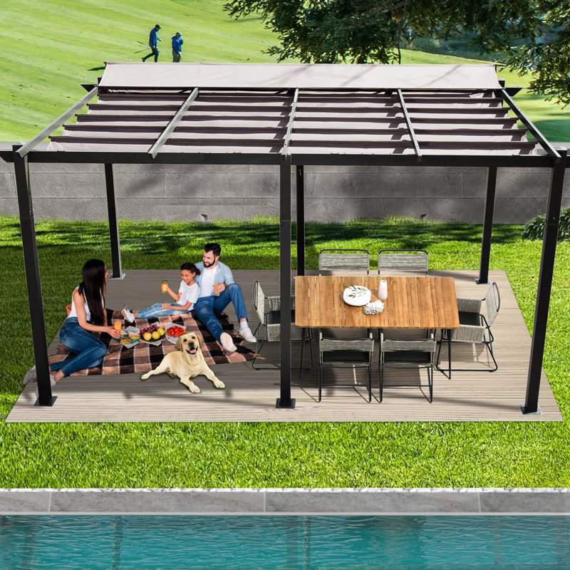 11 X 16 Ft Dark Gray Courtyard Gathering Hub Pergola With Canopy. Aluminum, Fabric, Adjustable For Group Activities Patio Dining Aluminum Frame, Outdoor Eating