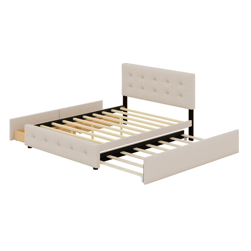 Lit plateforme tapissier avec 2 tiroirs et lit gigogne, Beige