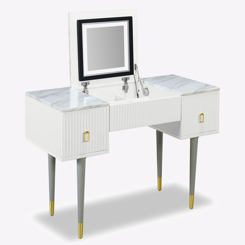 Ensemble de coiffeuse moderne avec miroir rabattable et lumière DEL, Blanc / gris