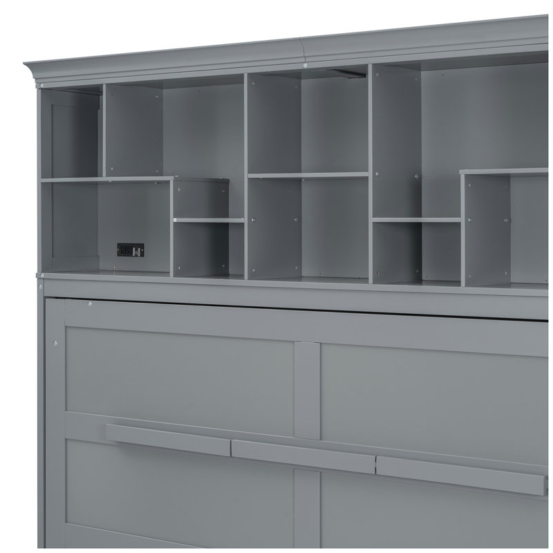 Grand lit escamotable mural avec tablettes supérieures et USB, Gris
