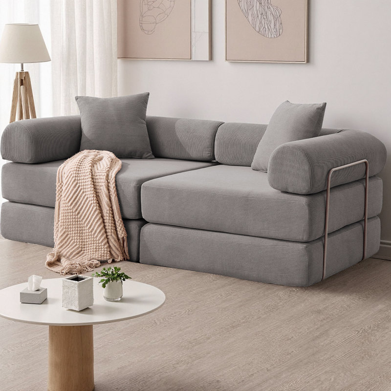 Canapé-lit modulaire pour petits espaces, canapé convertible 4 pièces en velours côtelé avec 2 dossiers, conception de matelas pliable pour les appartements, aucun assemblage requis, cadre en fer fixe