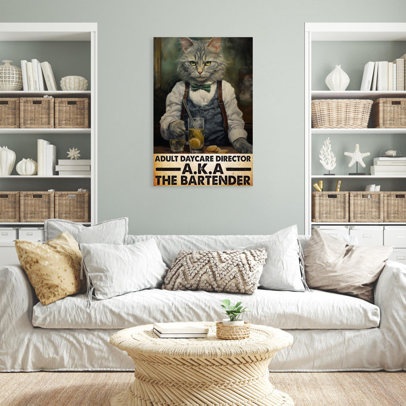 Chat, barman sur toile, impression, H 20 po x l 16 po x P 1,25 po