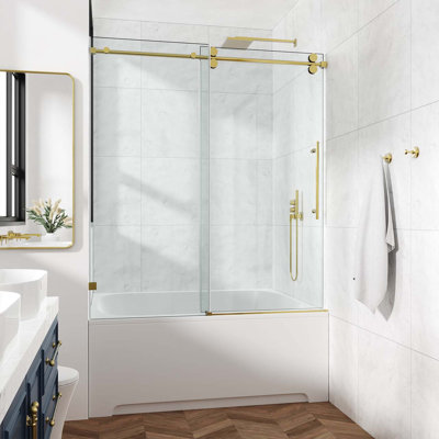Porte de douche coulissante à panneau simple sans cadre de 62 à 66 po x H 60 po avec cadre en acier inoxydable doré brossé et verre trempé de 3/8 po