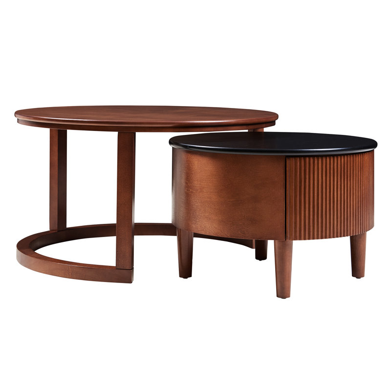Table basse ronde emboîtable avec tiroir cannelé rétro, noir et noyer bicolore, et empilable élégante pour les espaces compacts