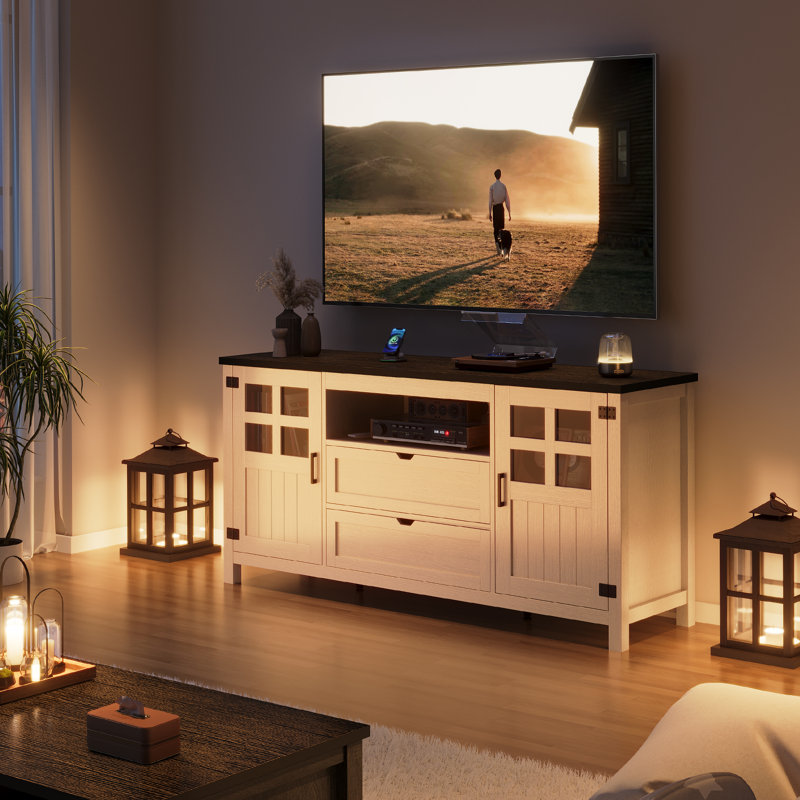 Farmhouse Tv Stand With Barn Doors And Drawers For Tvs Up To 65 70 75" – White, White