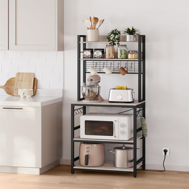 Kitchen Storage Rack With Power Outlet, Coffee Bar, Baker's Rack, With Metal Wire Panel,For Microwave, Steel Frame
