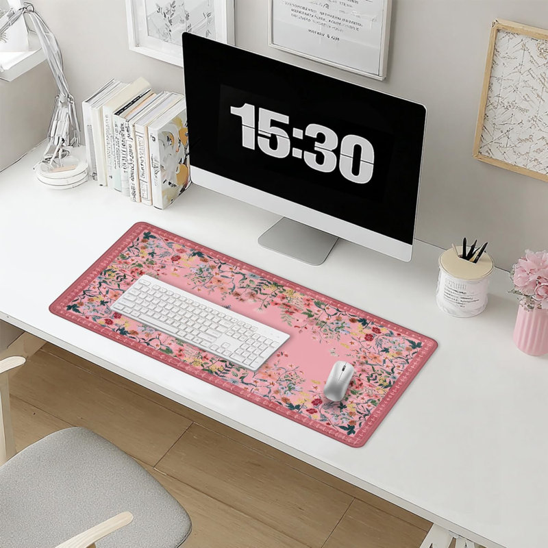 Grand tapis de souris à motif floral rose vif avec tapis de souris 35,54 x 15,7 pouces
