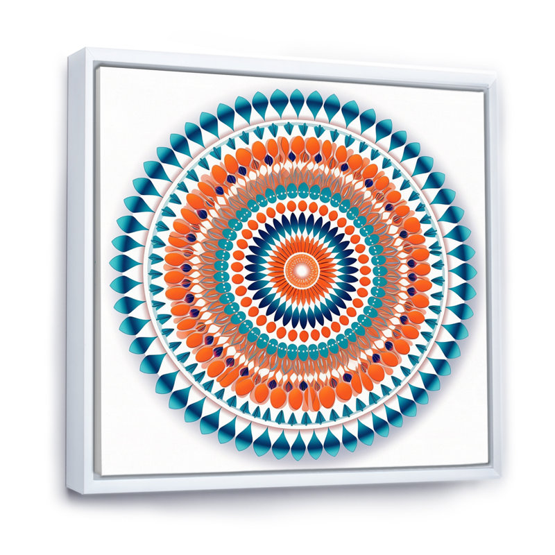 Exquis mandala en rétro bleu et orange sur toile, H 36 po x l 36 po x P 1,5 po, Cadre flottant blanc