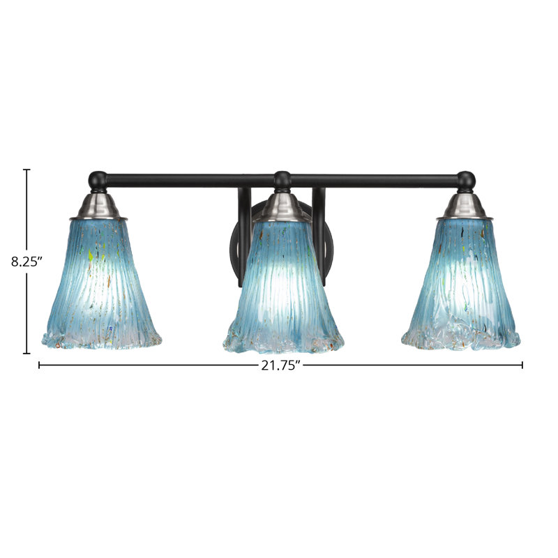Barre d'éclairage de salle de bain 3 lumières Michell, Noir mat / nickel brossé, Cristal bleu sarcelle