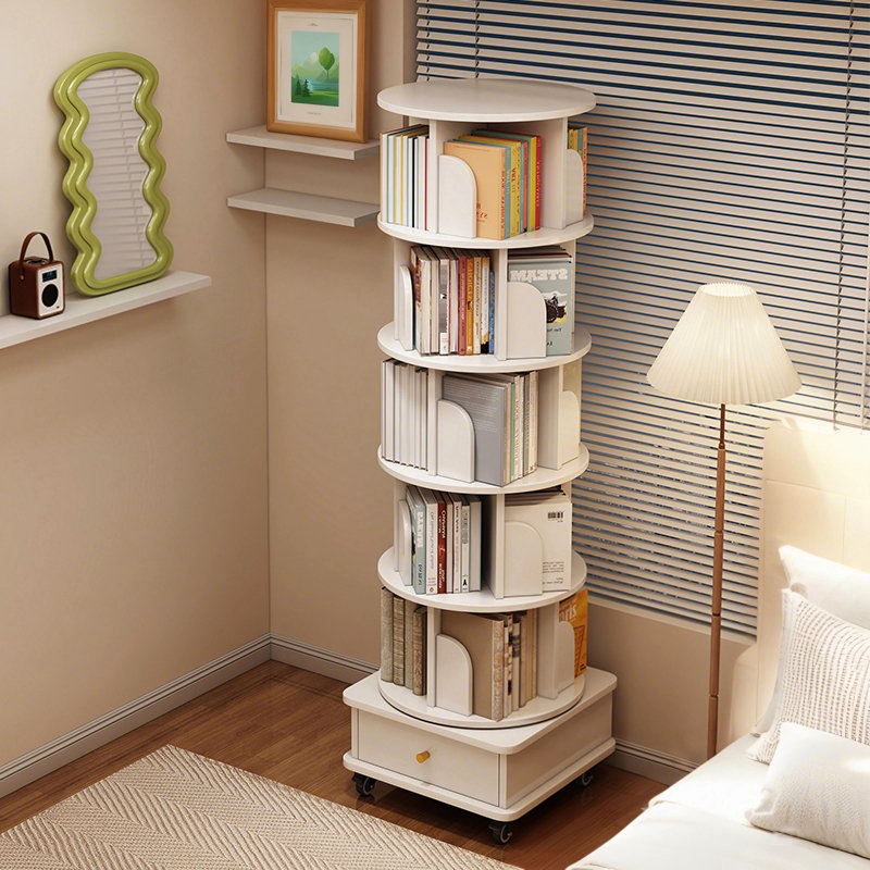 6 Tier Rotating Bookshelf, 360° Display Round Spinning Bookshelf With Wheels And Drawer, Space-Saving, Small Space Rotating Bookshelf Tower For Bedroom, Living Room, Home, Office, Wood Color