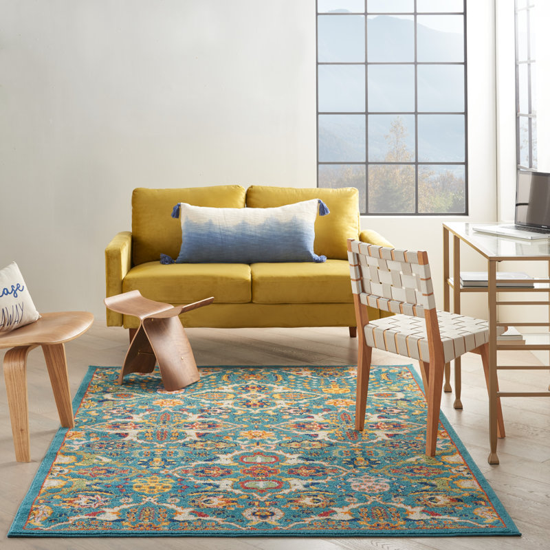 Tapis turquoise / ivoire / jaune Welaka, Rectangle 3 pi x 5 pi