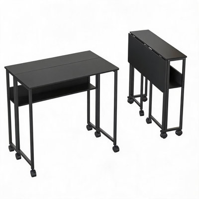 Space-Saving Folding Desk with Storage Shelf – Portable Computer Table on Wheels – Sturdy Steel Frame – Easy Assembly – Ideal for Home Office, Bedroom, Study – Black