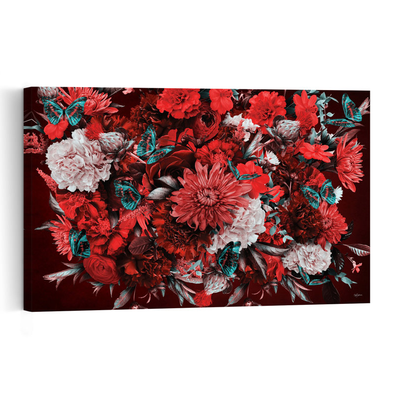 Crimson Floral Butterflies Abstract Contemporary Butterfly Peony Rose Flower Landscape Wall Art Print 1 Piece Wrapped Canvas Wall Art