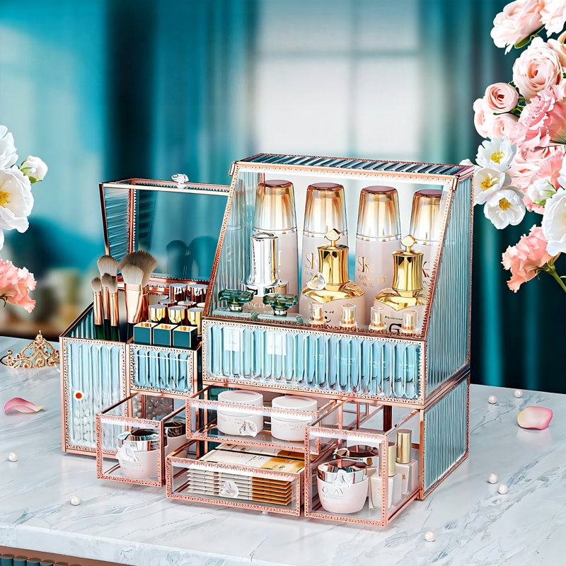 Organisateur de maquillage en verre, rangement pour cosmétiques 3-en-1 multifonctionnel, 1 unité, (doré)
