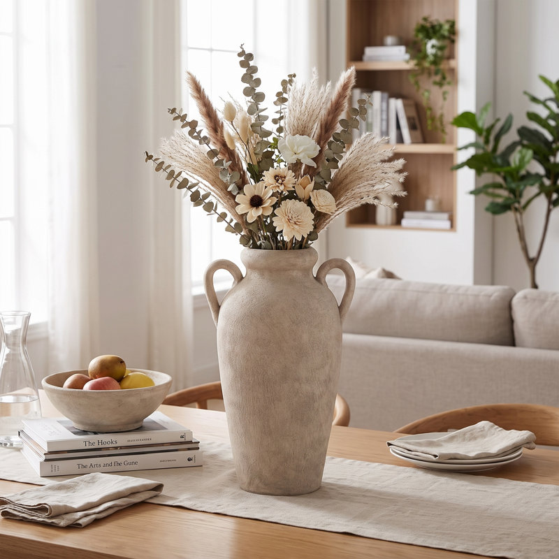 Vase amphore de 39 cm (15,4 po) avec double anse, beige mat, Texture naturelle