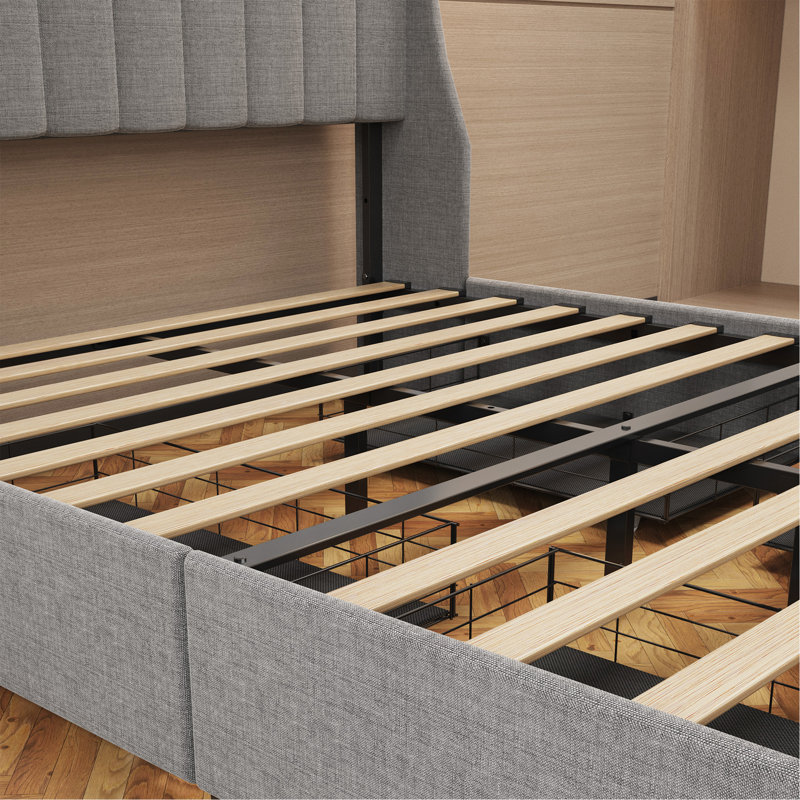 Bed Frame with LED, Wings Headboard Design, Full, Light Gray