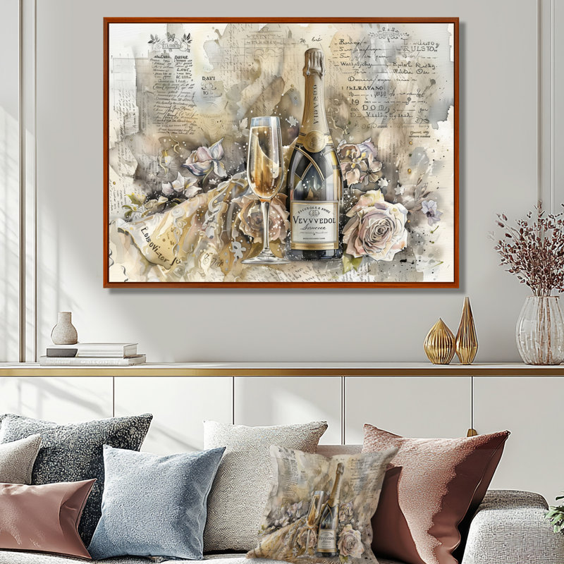 Elegant Sparkling Wedding Champagne II - Champagne, impression d'art mural, Cadre flottant brun, H 12 po x l 20 po