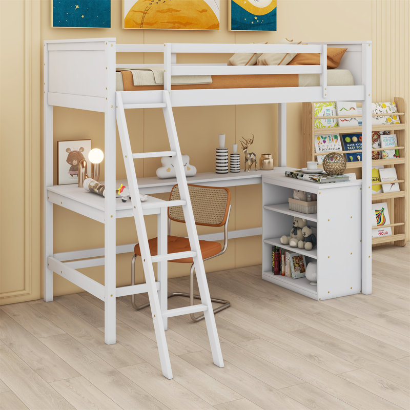 Loft Bed With Shelves,Desk, White, Twin