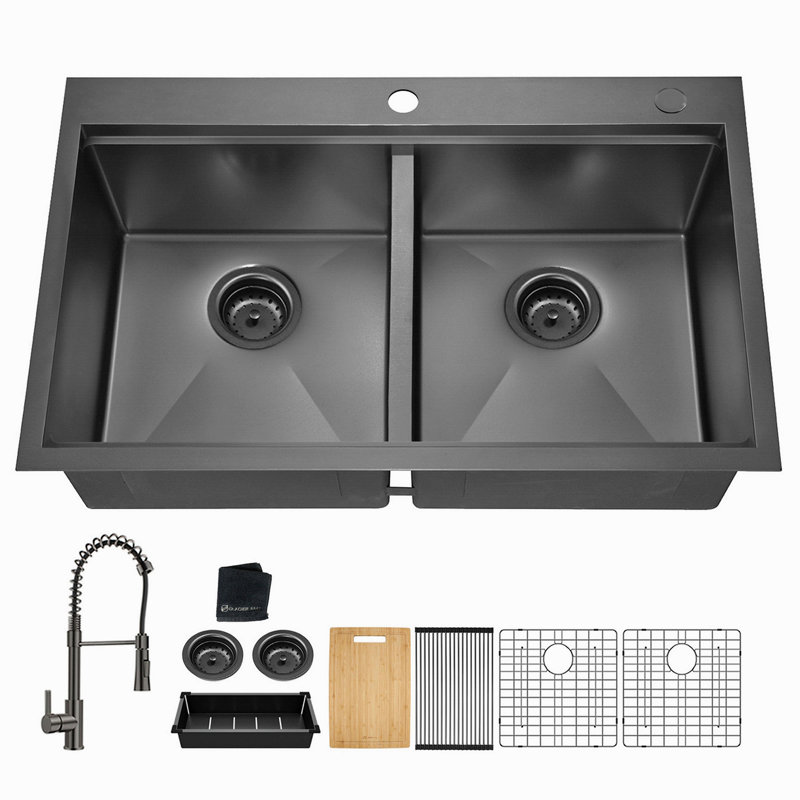 Évier de cuisine 33 po x 22 po à double cuve en acier inoxydable à montage sur le comptoir avec robinet noir