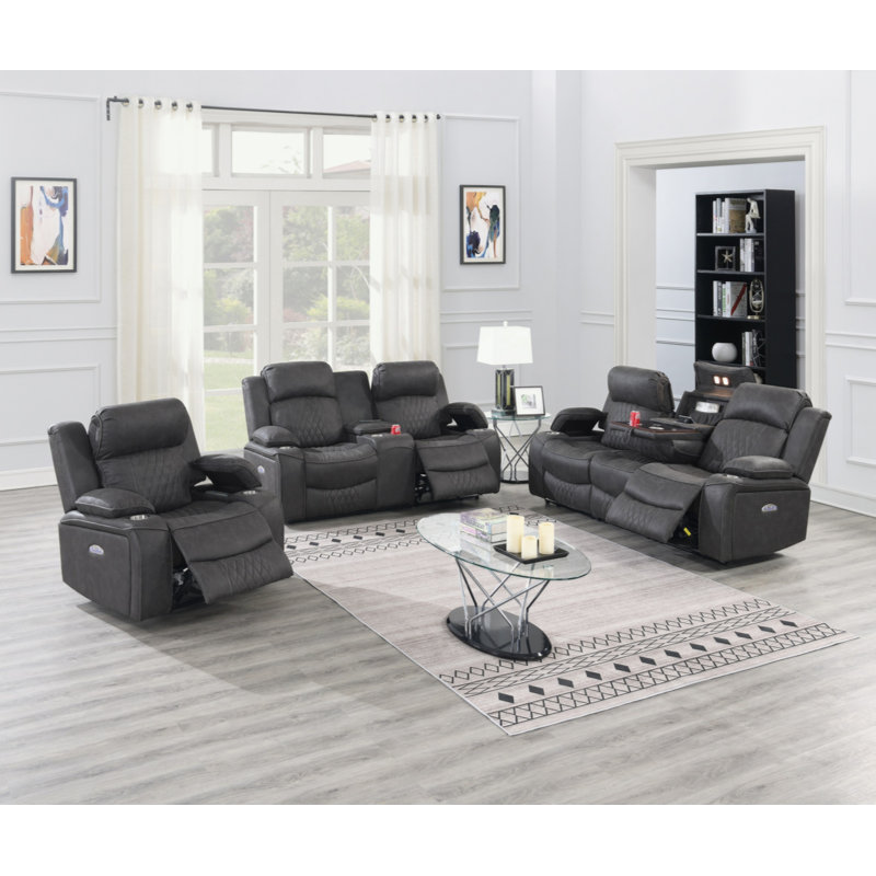 Power Motion Loveseat 1Pc Contemporary Charcoal Gel Leatherette Storage Arms W Cup Holder Living Room Furniture