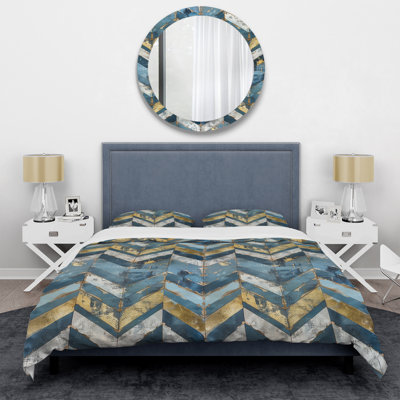 Blue Gold Chevron Charm - Ensemble de housse de couette à chevrons