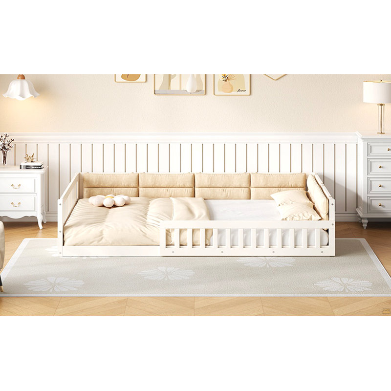 Wood Full Size Upholstered Platform Bed With Guardrail And Pillow, Beige