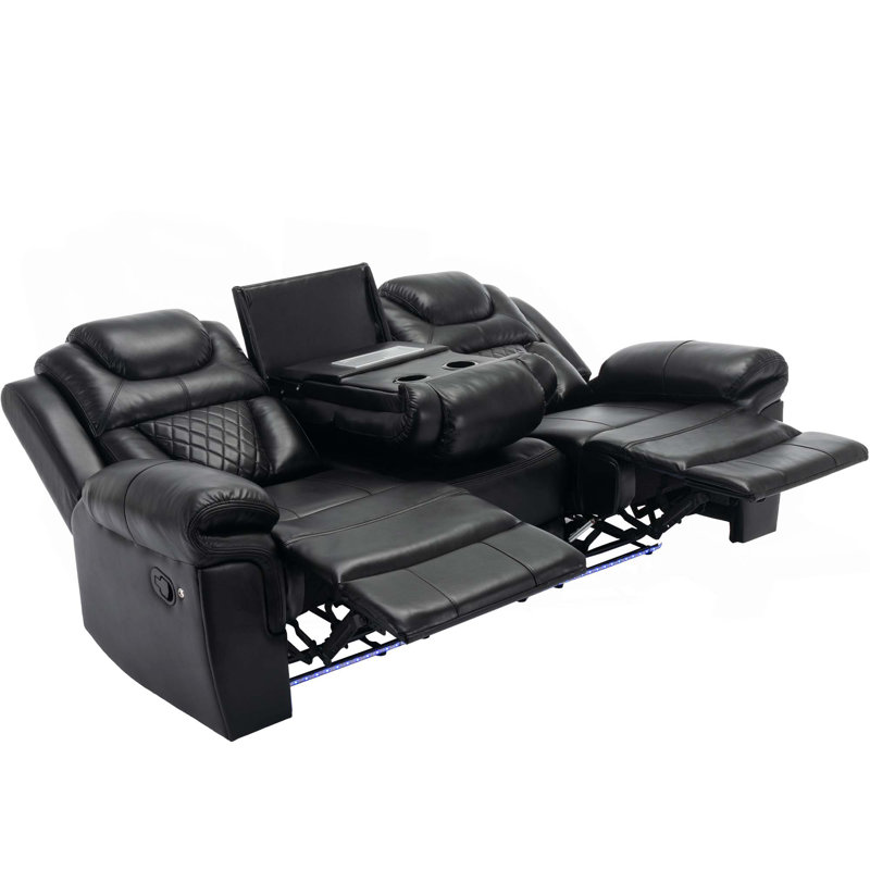 Home Theater Seating Manual Recliner Chair With Center Console And Led Light Strip For Living Room, Black