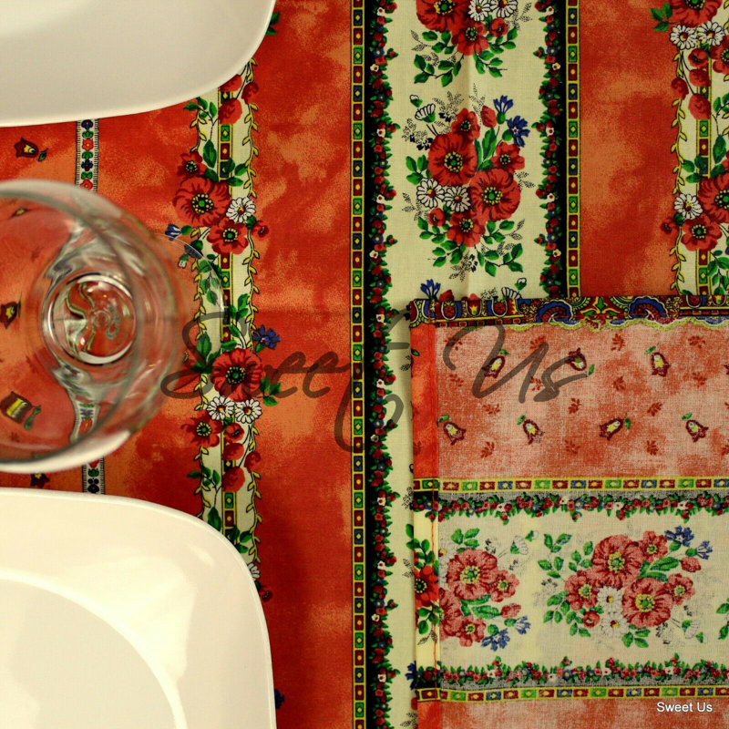 Wipeable Stain Resistant Acrylic Coated French Provencal Cotton Floral Tablecloth Collection, Red