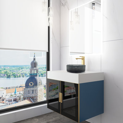 Modern Luxury Wall-mounted Vanity With 30" Solid Surface Top And Round Glass Vessel Sink