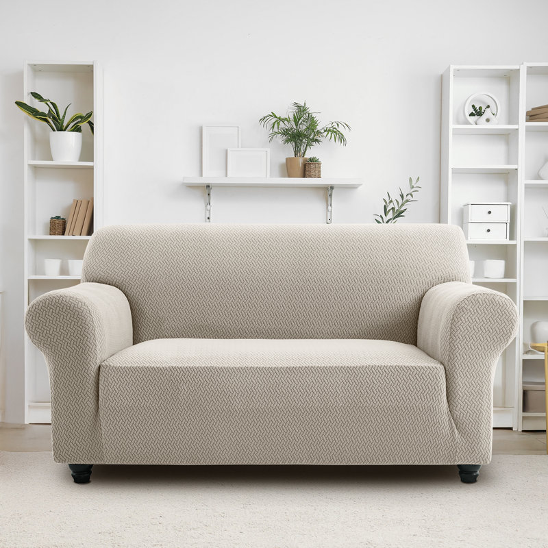 Durable Spandex Stretch Sofa Cover - Jacquard Pattern Sofa Slipcover & Furniture Protector, Beige