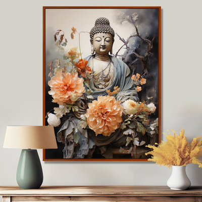 «Coral Blue Buddhist Art Buddhas Serene - Buddhism», reproduction d'art sur toile encadrée