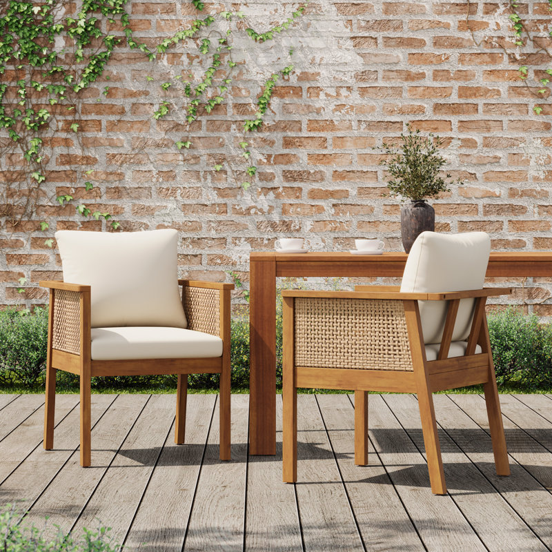 Chaises de salle à manger d'extérieur - Fauteuils de patio en bois massif résistant aux intempéries avec dossier tissé à la main et coussins lavables, finition naturelle