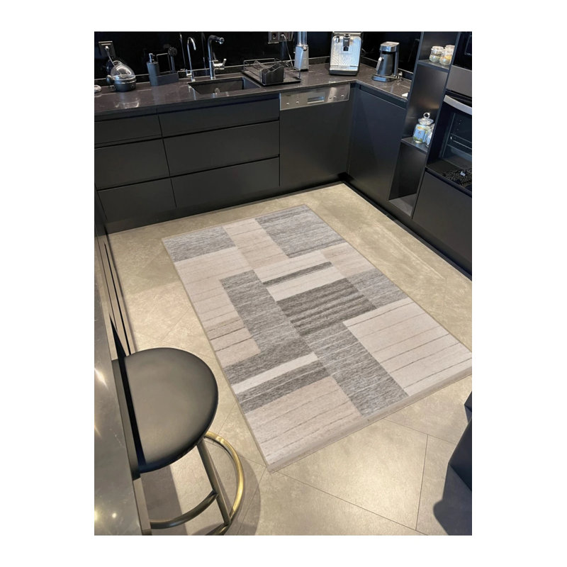 Gray Beige Themed Mixed Geometric Patterned Fringed Modern Decorative Carpet, Rectangle 4'8" x 6'7"