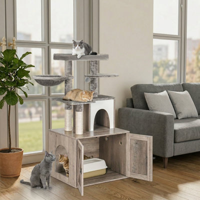 Multi-Level Cat Tree with Litter Box Enclosure, Sisal Scratching Posts, Soft Plush Perch, Condo & Platforms, Hidden Washroom Furniture, Grey