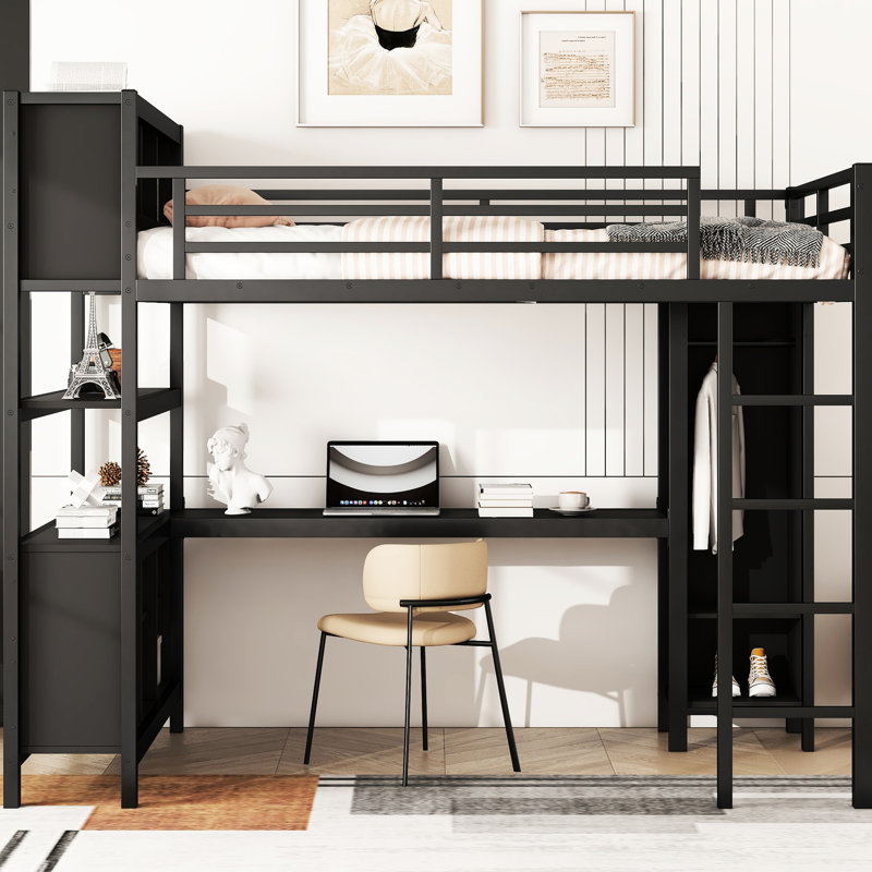 Lit mezzanine en métal avec rangement et tablettes, noir, armoire pleine grandeur pour bureau pour adolescents, adultes, Noir